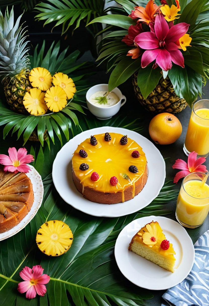 A vibrant table setting showcasing a variety of delicious pineapple dishes including a pineapple upside-down cake, fresh pineapple slices, and a tropical smoothie bowl. Surround the dishes with lush green leaves, bright flowers, and a warm sunset in the background to evoke a sense of joy and relaxation. The scene should feel inviting and warm, capturing the essence of transitioning from sadness to happiness through food. bright colors. tropical theme. super-realistic.