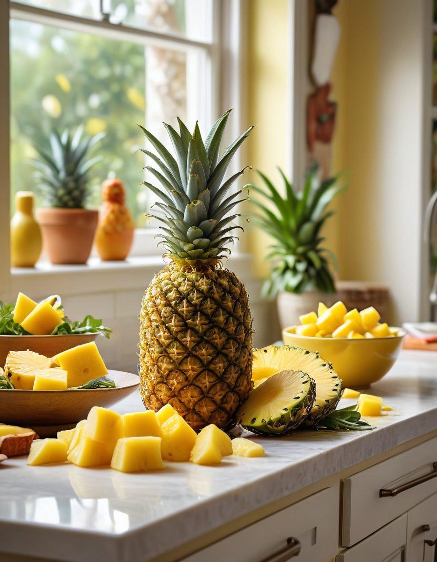 A vibrant kitchen scene featuring a bright yellow pineapple being sliced with juicy pieces scattered around. Include a whimsical bowl filled with tropical pineapple recipes like smoothies, salads, and desserts. In the background, show cheerful sunlight streaming through a window, casting a warm glow over the kitchen. The atmosphere should convey happiness and transformation, symbolizing the move from sorrow to sweetness. vibrant colors. super-realistic.