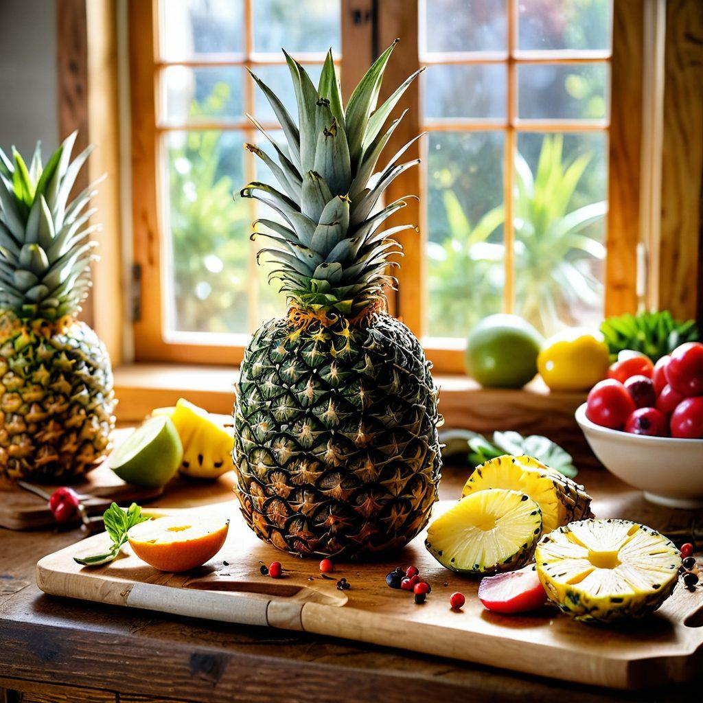 A vibrant kitchen scene featuring a variety of fresh pineapples, sliced and arranged artistically on a wooden cutting board. A joyful person of diverse ethnicity cooking a colorful pineapple dish, surrounded by bright fruits and spices that evoke a sense of warmth and happiness. Sunlight streaming through a window, casting cheerful shadows. Elements like herbs and bowls add dynamic detail. super-realistic. vibrant colors. warm atmosphere.